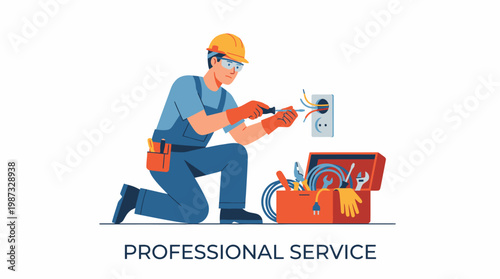An electrician in a vector illustration fixes an outlet with tools from a box.