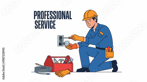 A professional electrician in a blue uniform and orange hard hat works on wiring with a vector illustration.