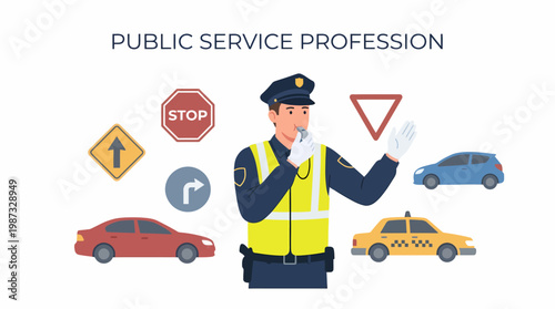 Police officer directing traffic with illustration vector signs and cars on road