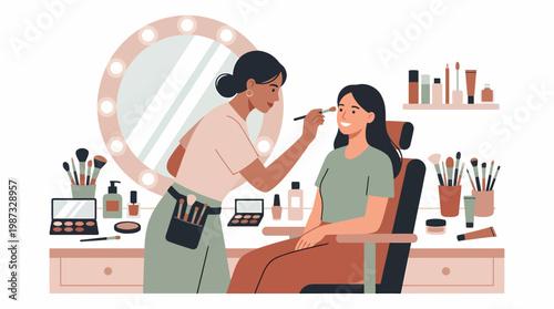 Makeup artist applying makeup to a woman sitting in a chair with a vector illustration
