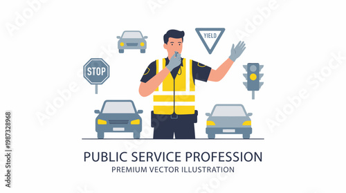 Traffic officer directing cars with vector illustration signs