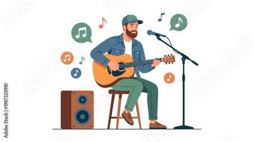 Man plays acoustic guitar and sings into microphone in vector illustration