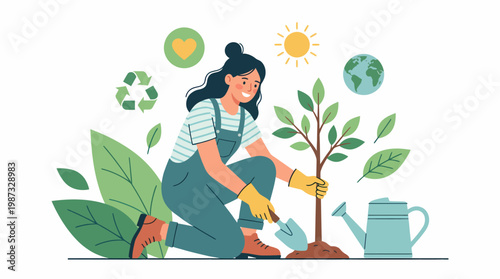 A woman in a vector illustration plants a tree with a shovel and watering can.