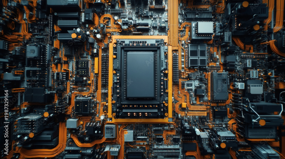 Fototapeta premium A detailed overhead view of a complex electronic circuit board with glowing orange traces surrounding a central processor chip surrounded by numerous integrated circuits and connectors in a high-tech