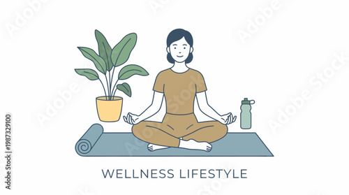 Woman practices yoga with a plant and vector illustration of wellness lifestyle indoors.