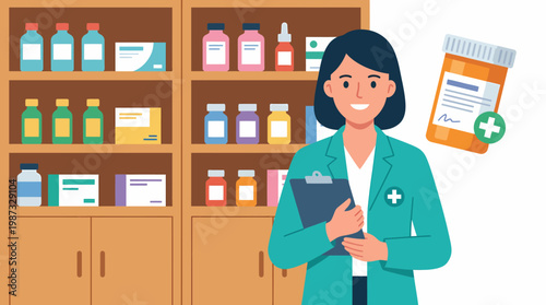 Pharmacist illustration shows a vector woman in a pharmacy with medication.