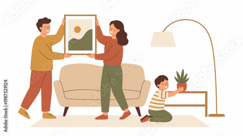 Family hanging illustration of a vector landscape on the wall together at home
