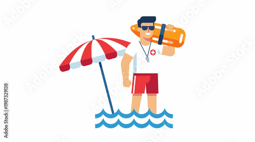 Lifeguard illustration wearing sunglasses holds vector lifebuoy under beach umbrella.