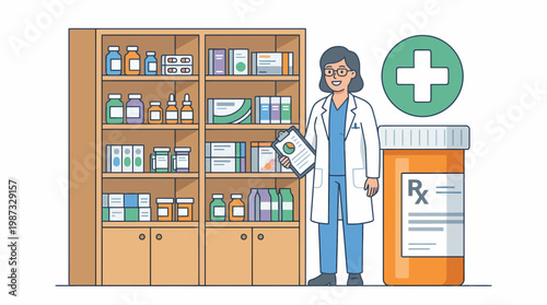 Female pharmacist standing beside a large prescription bottle and medication shelves in a pharmacy vector illustration.