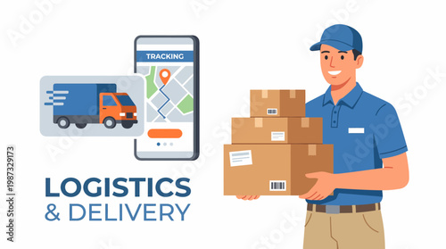 Delivery worker holding boxes with truck on phone screen vector illustration