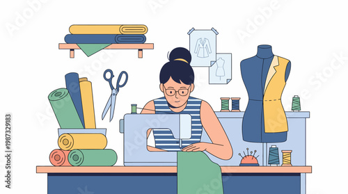 A woman works on an illustration vector sewing project at her desk with fabric and tools.