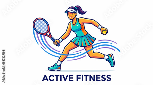A woman in a teal tennis outfit runs with a racket and ball in a vector illustration.