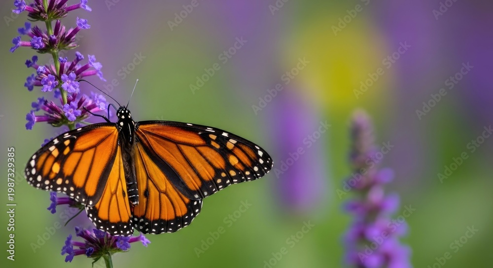 Obraz premium Monarch butterfly resting on vibrant purple flowers in a softly blurred garden