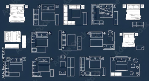 Bedroom Furniture Layout Top View Blueprint Vector – AutoCAD Interior Design Technical Drawing White Outline on Dark Blue Background