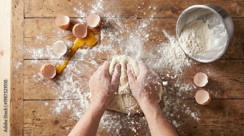Baker Kneading Dough on Messy Flour Covered Wooden Counter