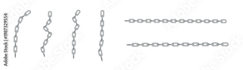 Free metal chain with whole or break steel chrome links. Collection of seamless metal chains colored silver. Vector