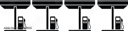 Gas station vector icon set, black and white fuel pump symbols and design elements for petrol station signage, apps and transportation graphics.