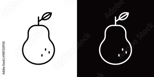 洋梨のラインアイコン。白い線と黒い線のモノクロベクターイラストセット