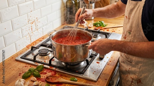 Messy Tomato Sauce Splattered on Kitchen Stove and Tile Backsplash