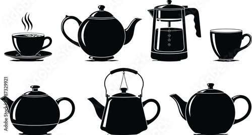 Flat vector illustration, six drinkware silhouettes, teapot kettle French press cup saucer steaming designs, 