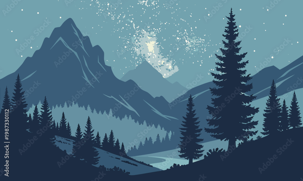 Fototapeta premium Night Mountain Landscape Vector with Starry Sky and Milky Way Minimal Nature Illustration Background