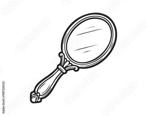 Antique ornate hand mirror. Classic style mirror with detailed craftsmanship and graceful design. Ornamental antique reflecting device featuring elaborate borders and timeless elegant handle