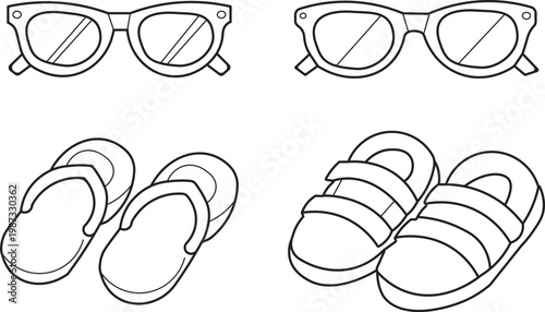 Hand drawn summer essentials sunglasses and sandals sketch collection for vacation and leisure