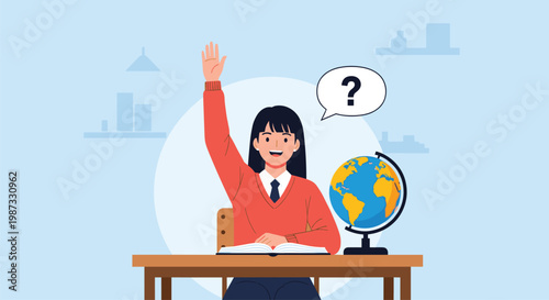 Eager school girl raising her hand in a classroom to answer a question with a globe and open book on her desk in front.