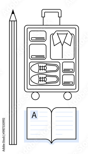 Travel planning, organization tips, study, education, journey preparation, personal essentials. Minimalistic design with suitcase, pencil and open book. Travel planning and organization tips concept