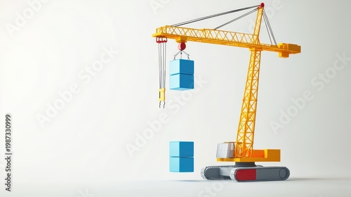 Yellow construction crane lifting blue blocks against a stark white backdrop, minimal rendering