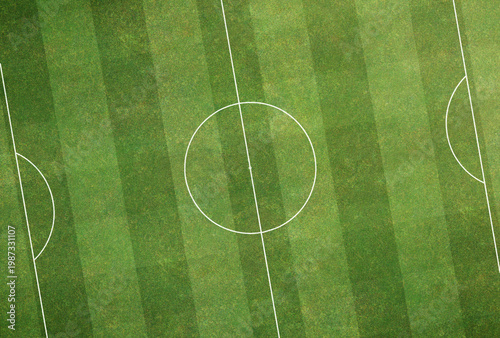 Canvastavla Top View Background of Football Soccer field green have pitch mown grass stripes texture with white line markings according to international standards