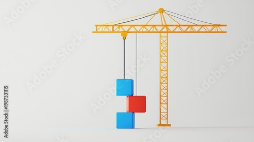 A yellow construction crane lifts colorful blocks against a bright, white background