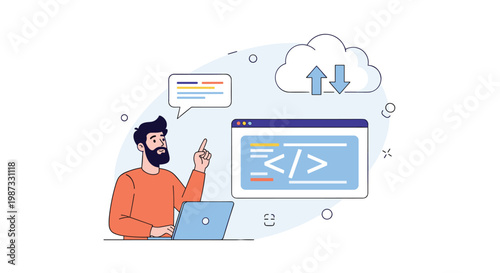 Professional software developer coding on his laptop with cloud computing icons and programming code on a screen.