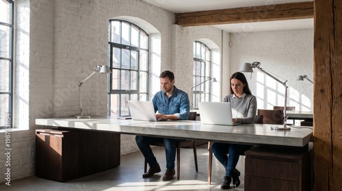 Software Developers Coding in Minimalist Restored Heritage Coworking Office