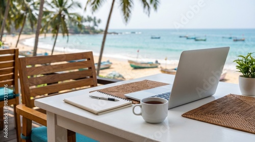 Minimalist Freelancer Workspace at Coastal Cafe in South Asia