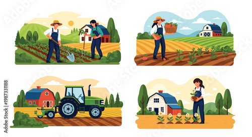 Collection of farm scenes showing farmers harvesting vegetables, driving a tractor, and working in organic agricultural fields.