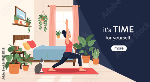 Healthy young woman practicing a yoga warrior pose in her bedroom decorated with green plants and her pet cat watching.