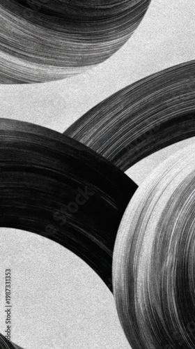 Abstract composition of overlapping black and white curved lines creating visual depth and motion