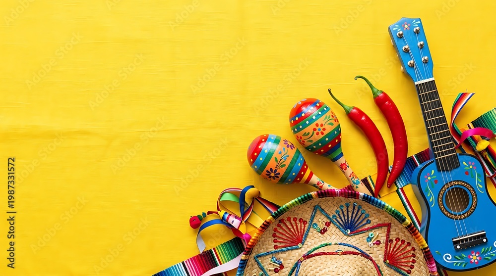 Fototapeta premium Mexican fiesta party accessories including blue guitar maracas sombrero and red chili peppers arranged on bright yellow textured background