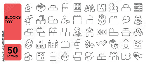 Set of 50 line icons related to blocks toy, child blocks, building blocks, bricks toy, cubes, alphabet blocks, plastic bricks, Editable stroke. Vector illustration