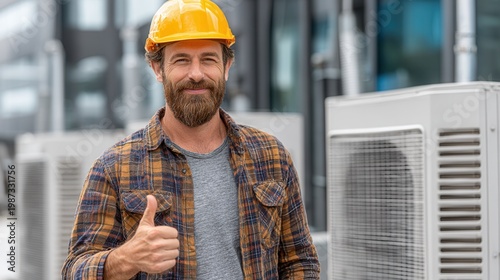 professional HVAC technician wearing a blue hard hat posing with an outdoor air conditioner system, clean and practical service scene