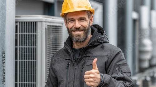 professional HVAC technician wearing a blue hard hat posing with an outdoor air conditioner system, clean and practical service scene