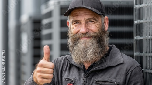 professional HVAC technician wearing a blue hard hat posing with an outdoor air conditioner system, clean and practical service scene