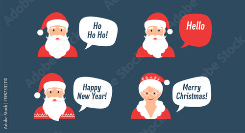 Festive collection of Santa Claus and Mrs Claus character avatars with colorful speech bubbles for holiday greetings.