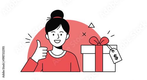 Happy young woman giving a thumbs up gesture next to a white gift box decorated with a red ribbon and price tag.