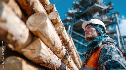 man wearing a safety helmet at a construction site with logs and building timber in the background, clear blue sky and active work environment