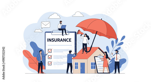 Professional insurance services concept showing people protecting a house under a large umbrella with a checklist.