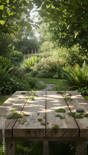 Wooden Table in Lush Garden