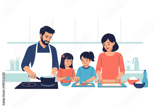 Happy Family Cooking Together in Modern Kitchen, Parents and Children Preparing Healthy Meal Vector Illustration