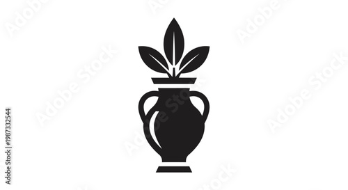 Black silhouette of a vase with leaves growing from it.